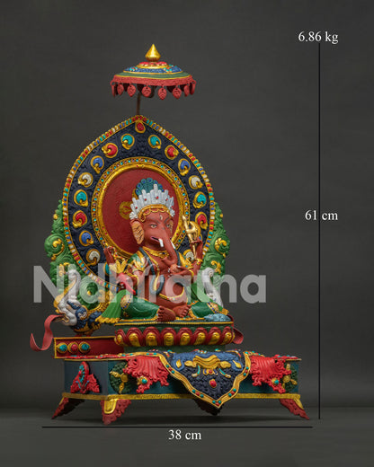 Right side view of handcrafted copper Ganesh statue with gold gilded decorations