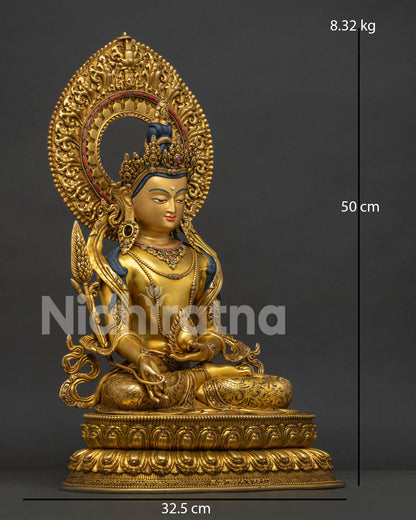 Right side view of handcrafted copper Ksitigarbha statue on ornate lotus base