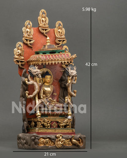 Right side view of handcrafted copper Medicine Buddha statue with dragon gateway