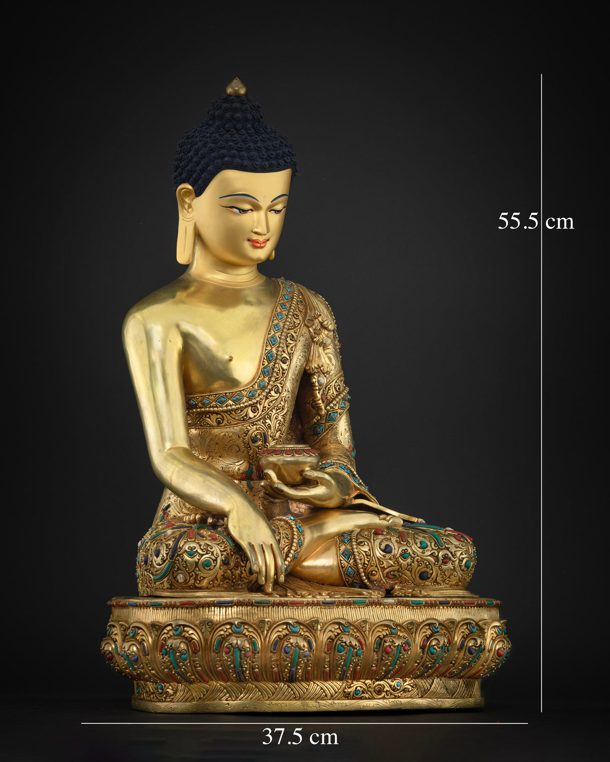 Right side view of handcrafted copper Shakyamuni Buddha statue with gold Fire-gilding