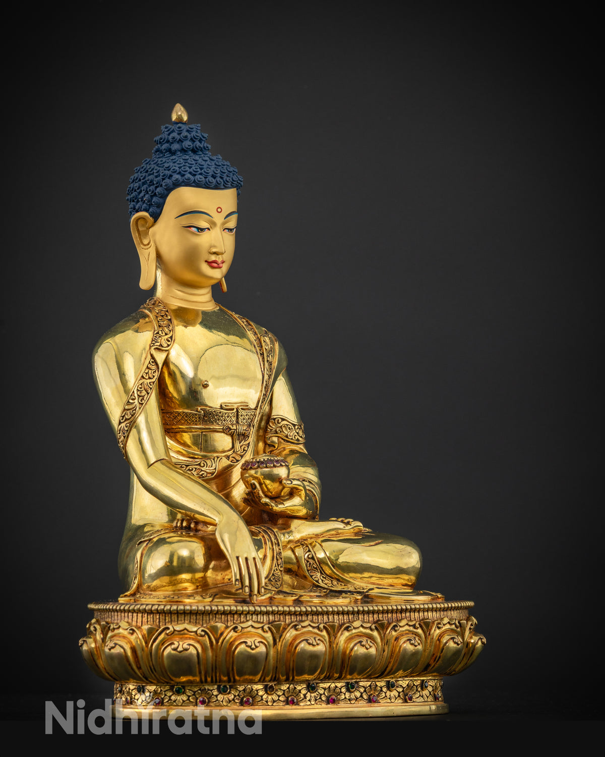 Right side view of handcrafted copper Shakyamuni Buddha statue