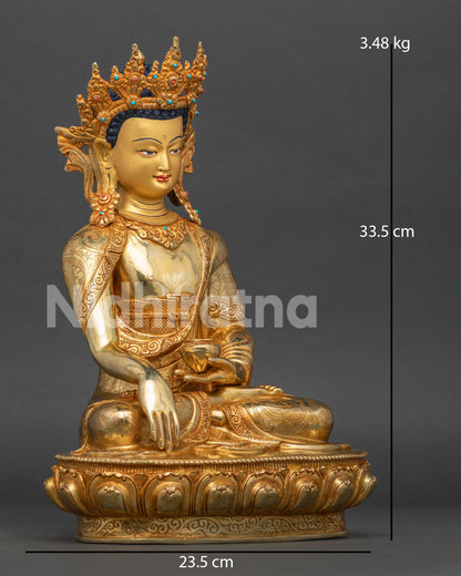 Right side view of handcrafted Crowned Shakyamuni Buddha statue from Nepal
