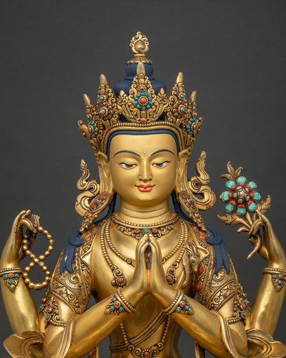 Right side view of handcrafted Four-Armed Chenrezig statue from Nepal