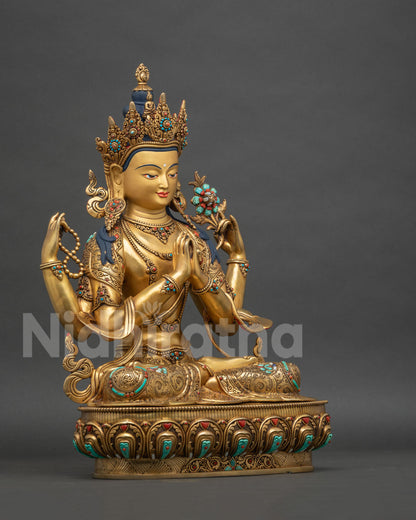 Right side view of handcrafted Four-Armed Chenrezig statue from Nepal