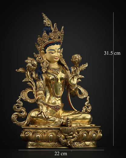 Right Side View of handcrafted Green Tara Buddhist statue in compassionate posture