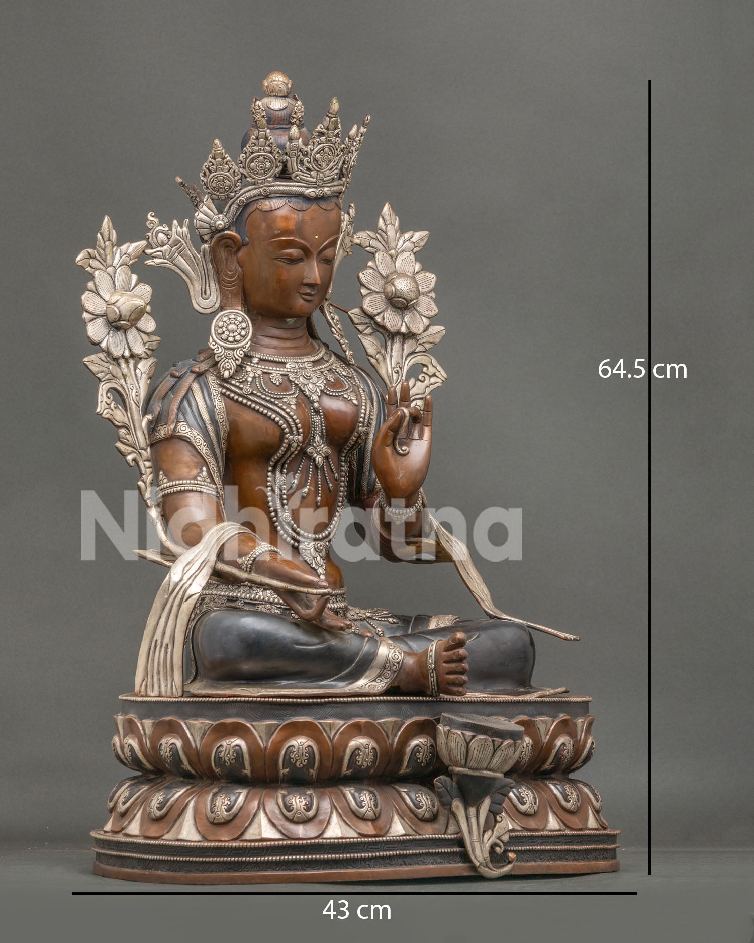Right side view of handcrafted Green Tara Statue with oxidized copper finish and silver details
