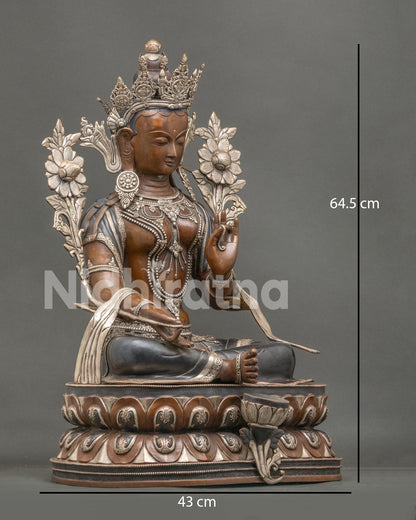 Right side view of handcrafted Green Tara Statue with oxidized copper finish and silver details
