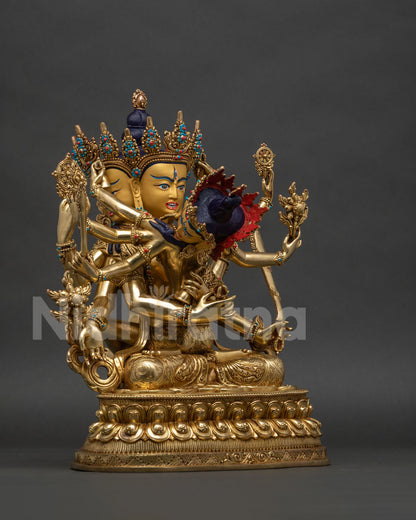 Right side view of handcrafted Guhyasamaja statue seated on lotus throne