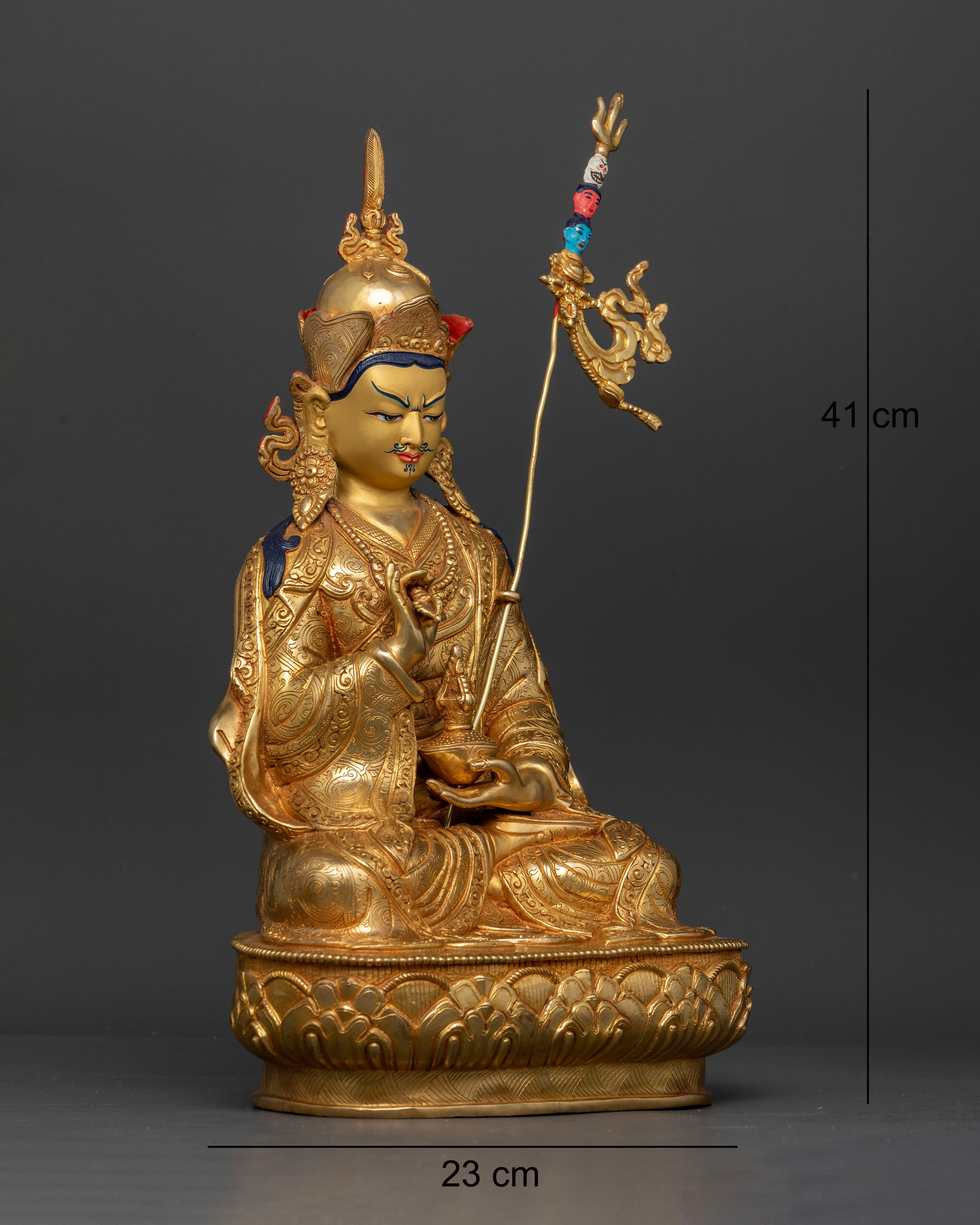 Right side view of handcrafted Guru Rinpoche Statue in copper and gold fire gilding