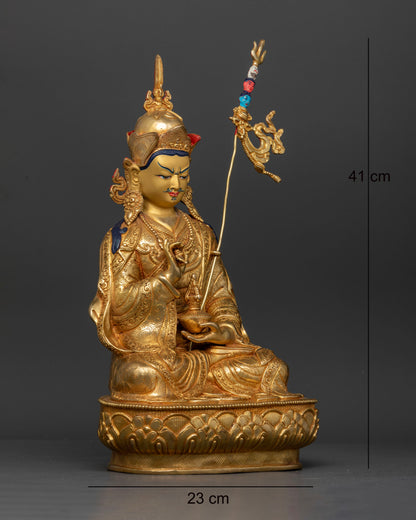 Right side view of handcrafted Guru Rinpoche Statue in copper and gold fire gilding