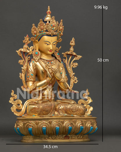 Right Side View of Handcrafted Maitreya Buddha Statue with Lotus Throne and Gold Gilding
