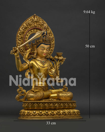Right side view of handcrafted Manjushri Statue on double lotus throne