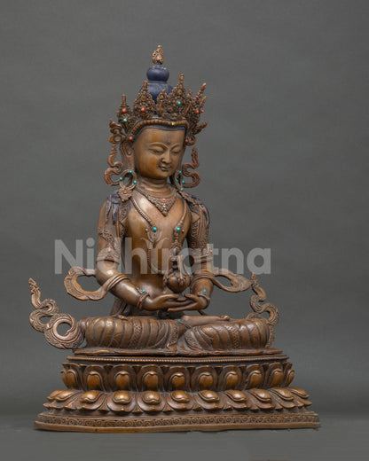 Right side view of handcrafted oxidized copper Amitayus Buddha statue