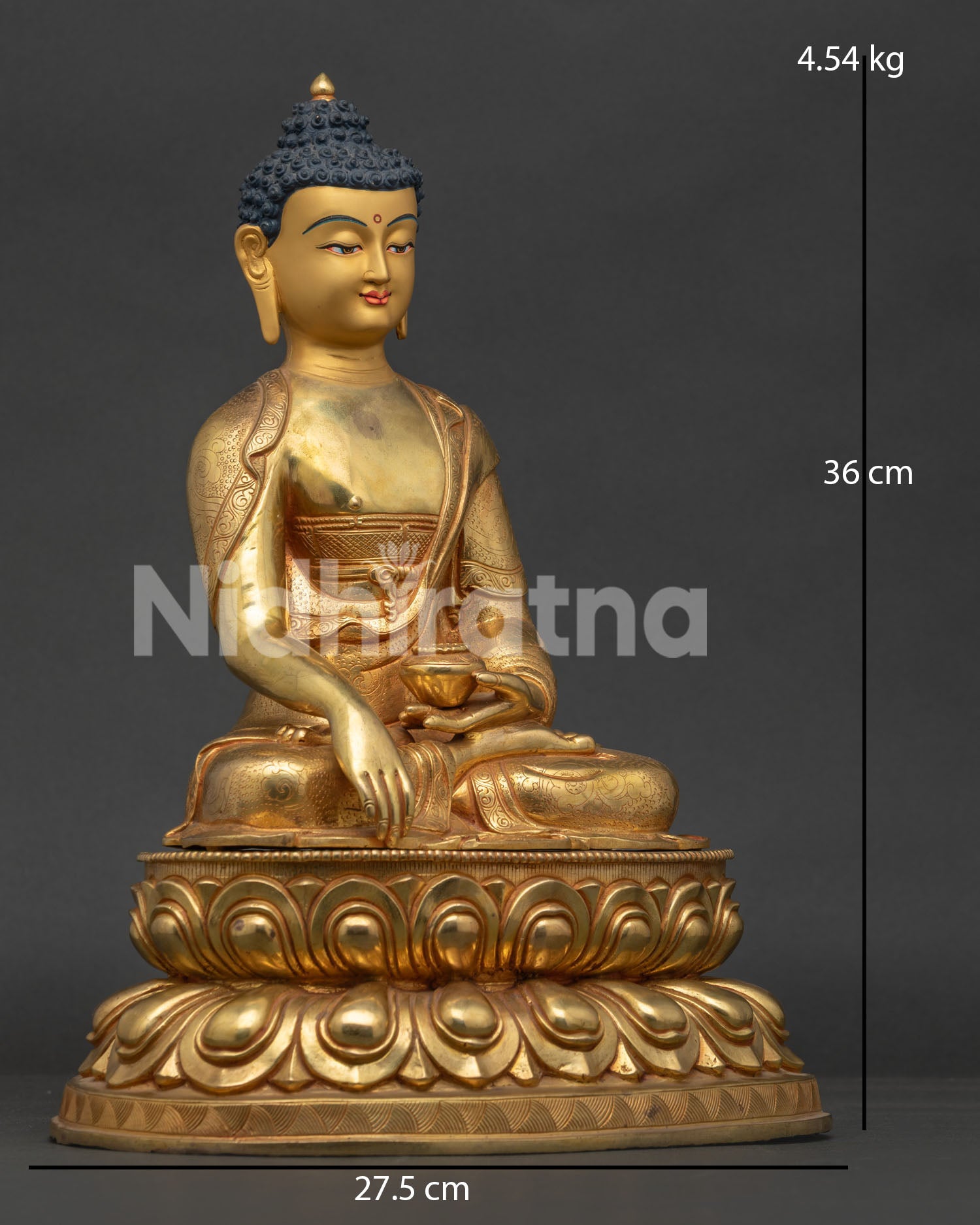 Right side view of handcrafted Shakyamuni Buddha Statue in 24K gold-gilded copper