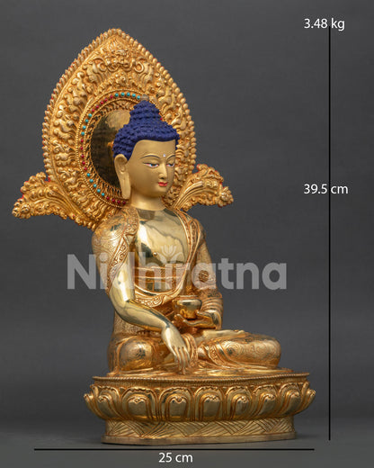 Right side view of handcrafted Shakyamuni Buddha Statue in solid copper with gold fire-gilding