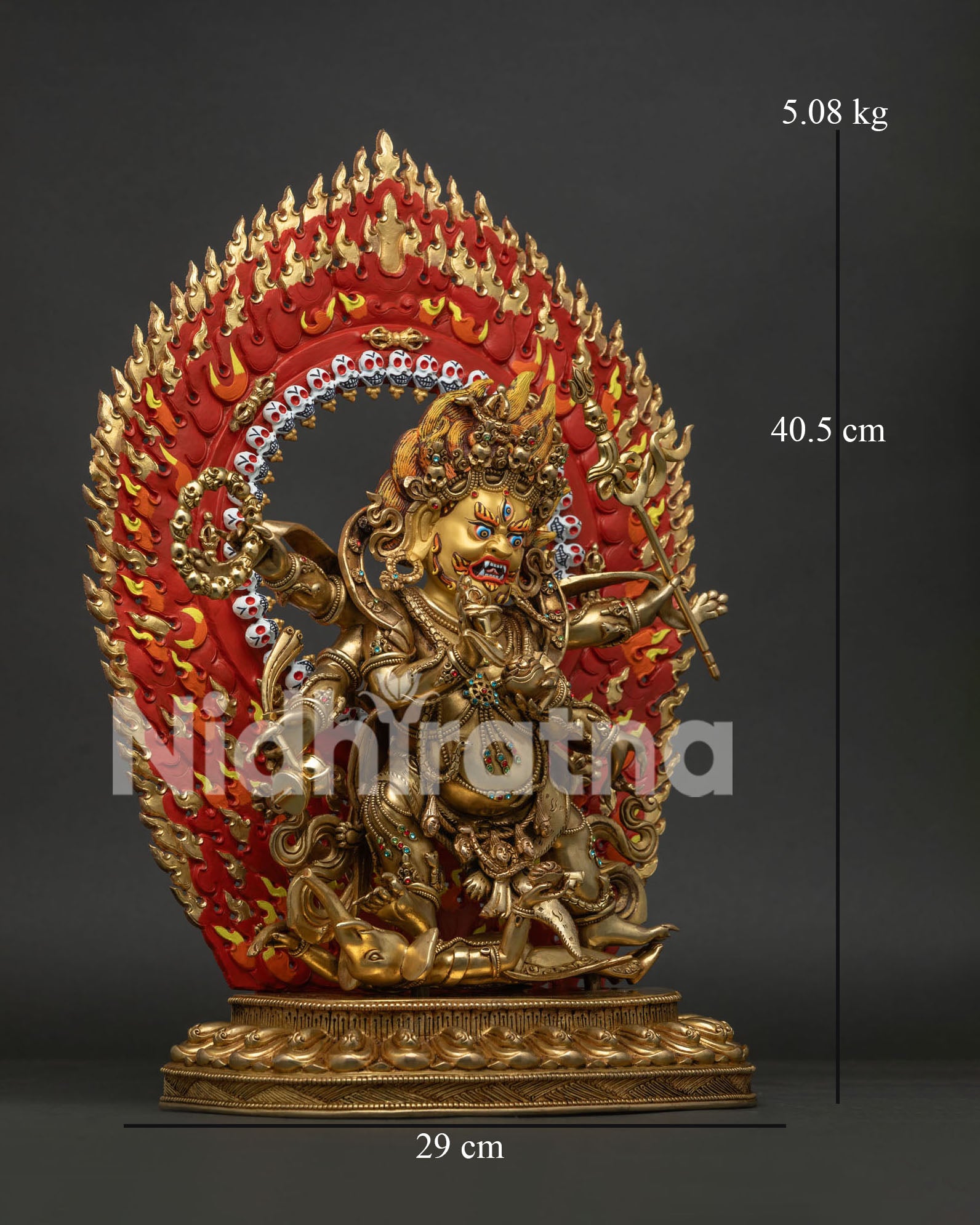 right side view of handcrafted six arm mahakala copper sculpture