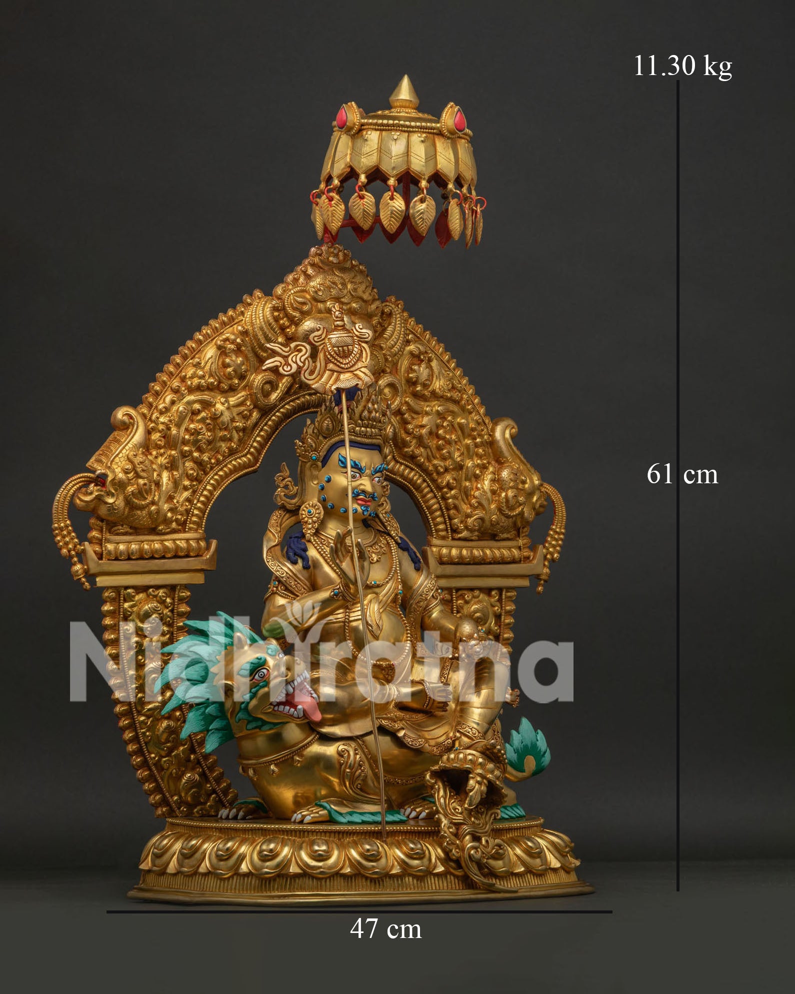 Right side view of handcrafted Vaisravana Namtoshe statue with halo and semi-precious stones