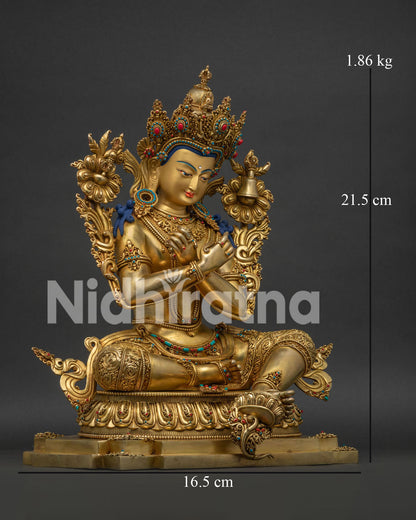 Right side view of handcrafted Vajradhara statue seated in lalitasana posture