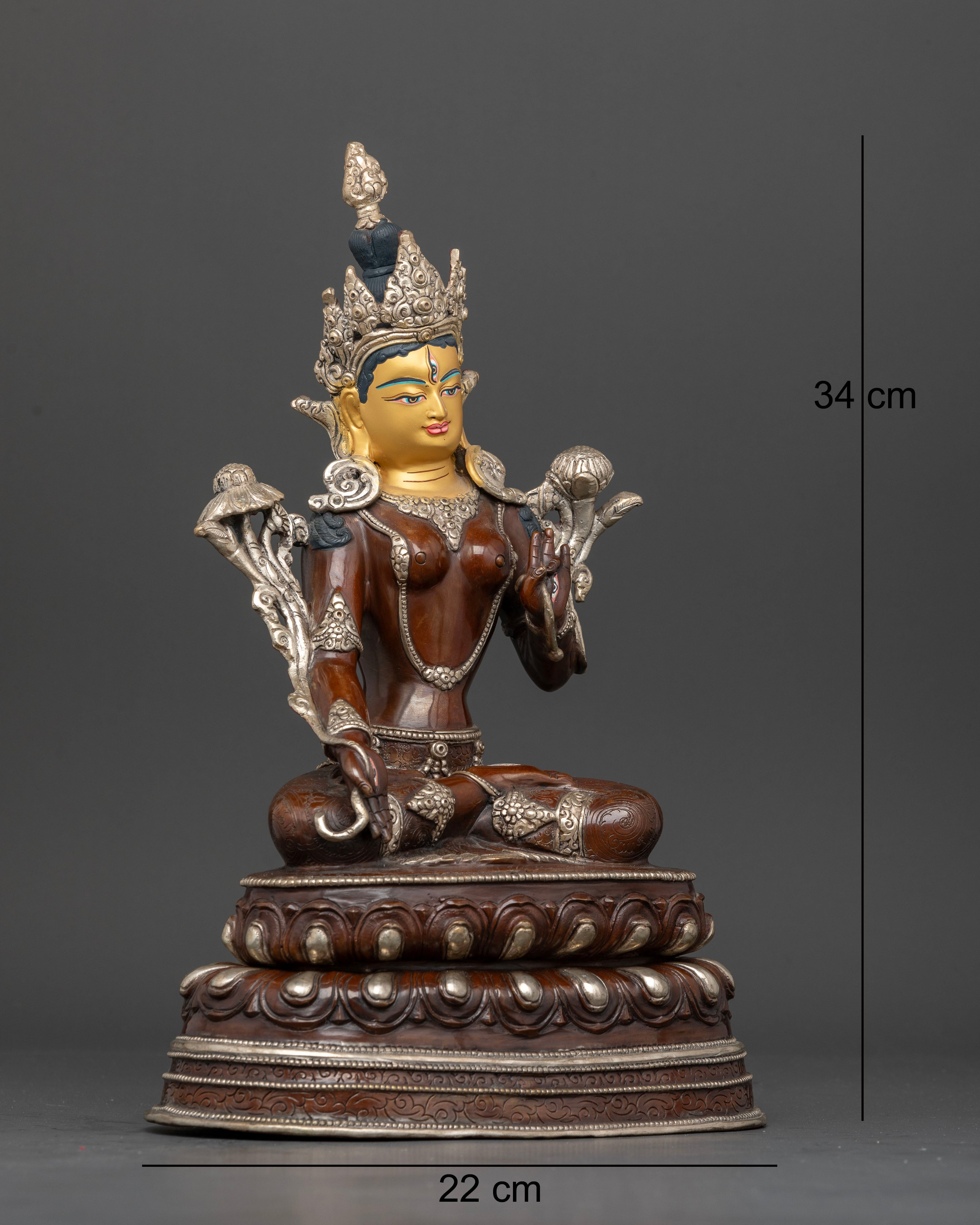 Right side view of handcrafted White Tara oxidized copper Buddhist statue