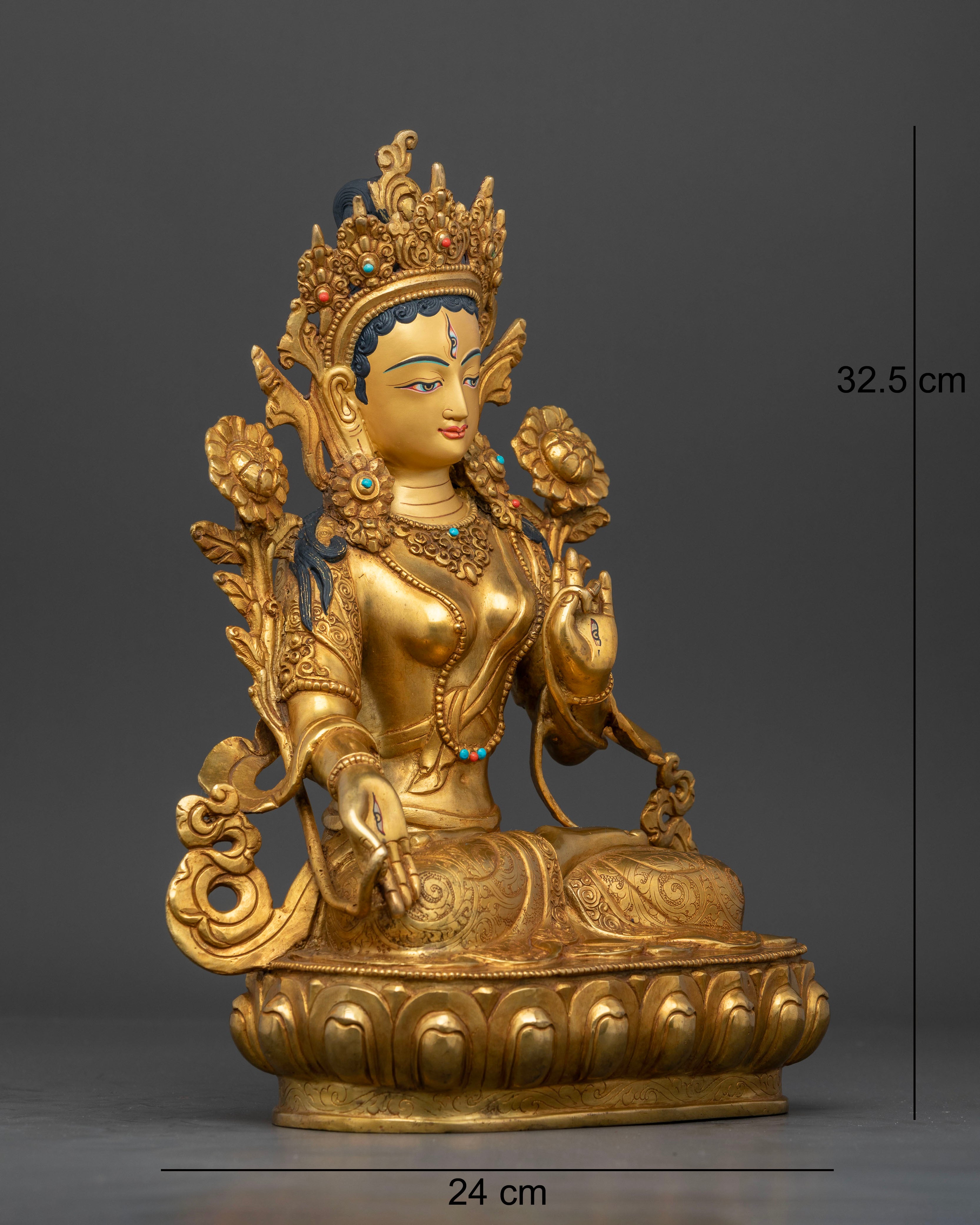 Right side view of Handcrafted White Tara Statue with utpala lotus and crown