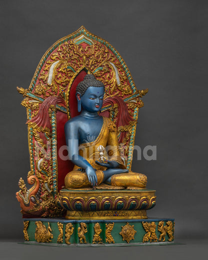 Right side view of handmade Akshobhya Buddha statue on lotus throne from Nepal