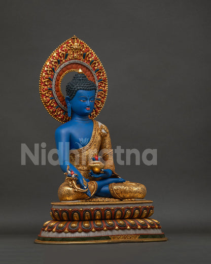 Right-side view of handmade Medicine Buddha statue Daegu with gold gilding