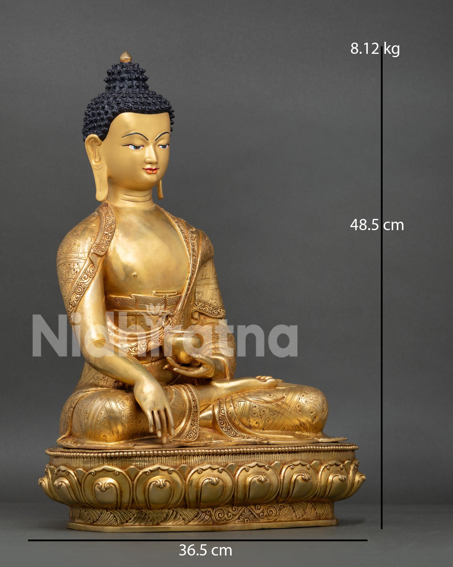 Right side view of handmade Shakyamuni Buddha statue with fire gilded copper body