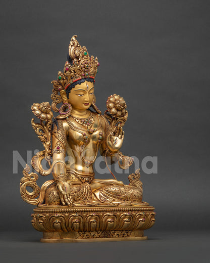 Right side view of handmade White Tara Statue, lost-wax cast copper sculpture
