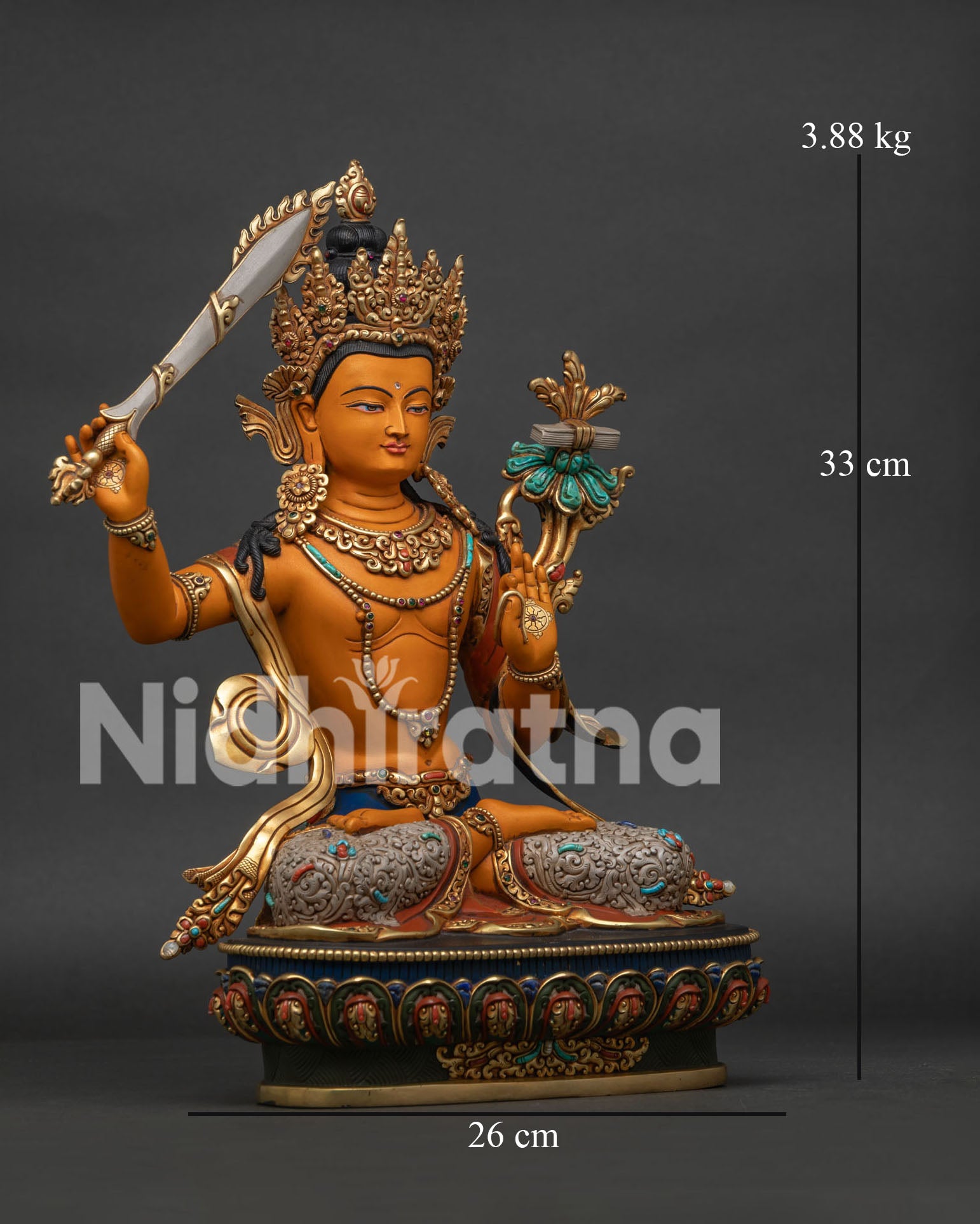 Right Side View of Himalayan Manjushri Statue with Gold Gilded Copper Lotus Pedestal