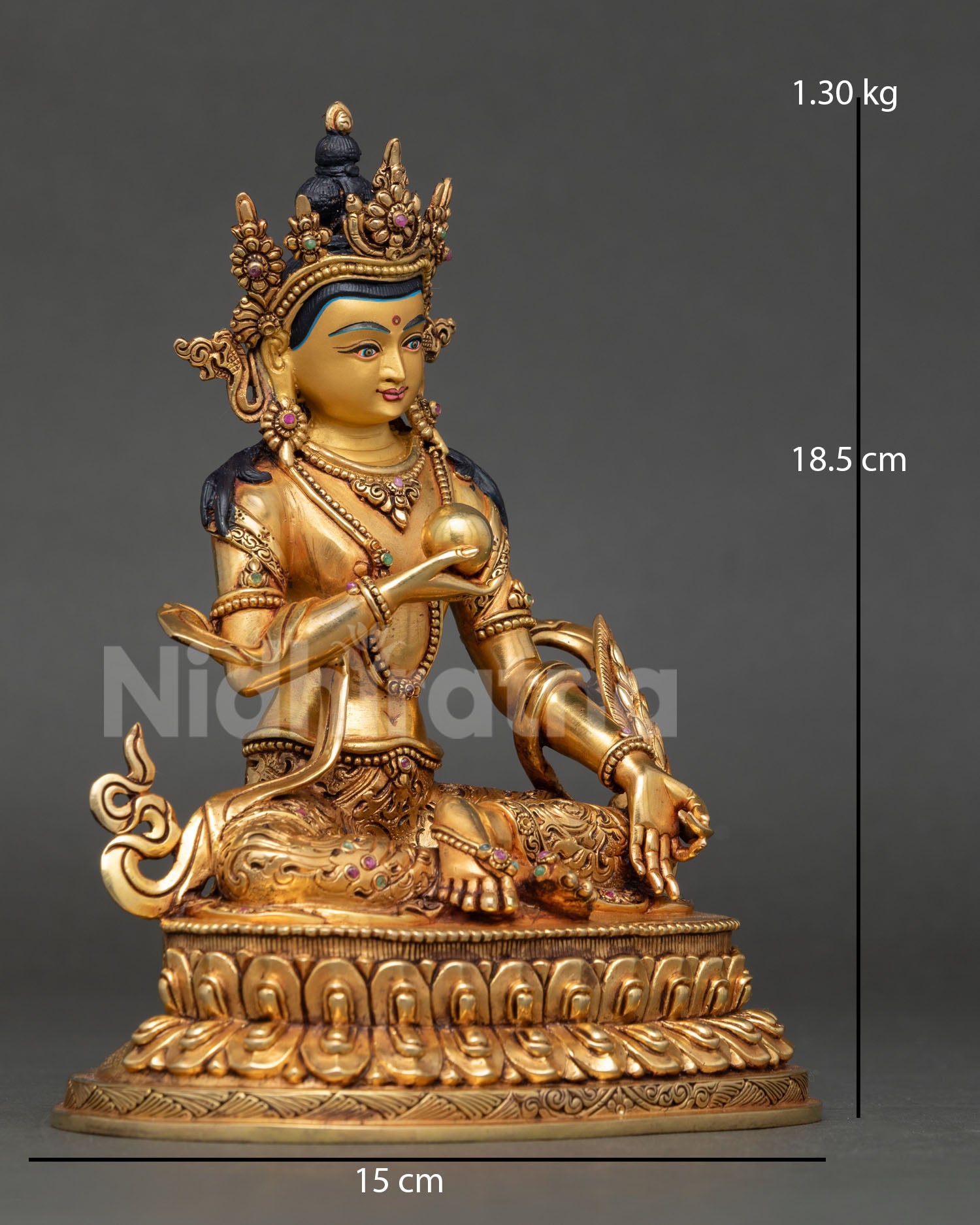 Right-side view of Jizo Ksitigarbha Statue seated on double lotus pedestal, handcrafted Nepal