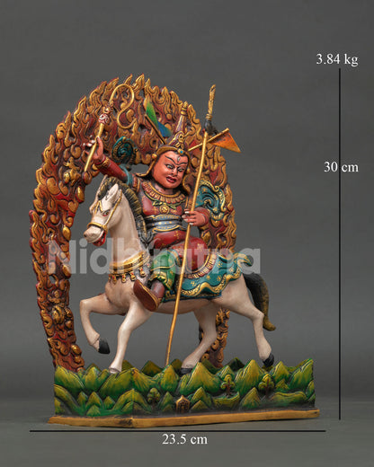 Right side view of King Gesar Statue on white horse with ornate halo and traditional Tibetan art