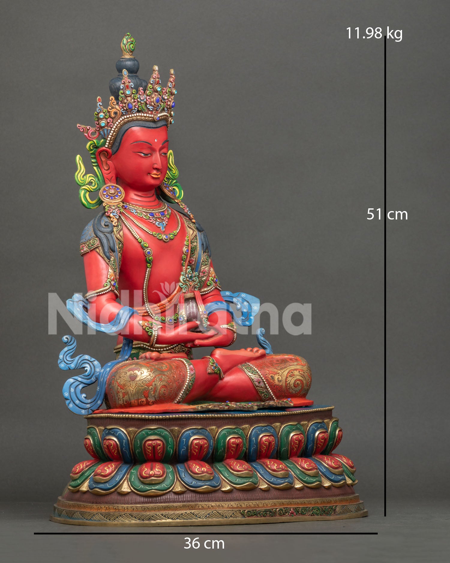 right side view of large amitayus statue, handcrafted copper buddhist sculpture from nepal