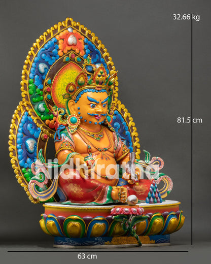 Right Side View of Large Yellow Dzambhala Statue with Citron Fruit and Ornate Halo