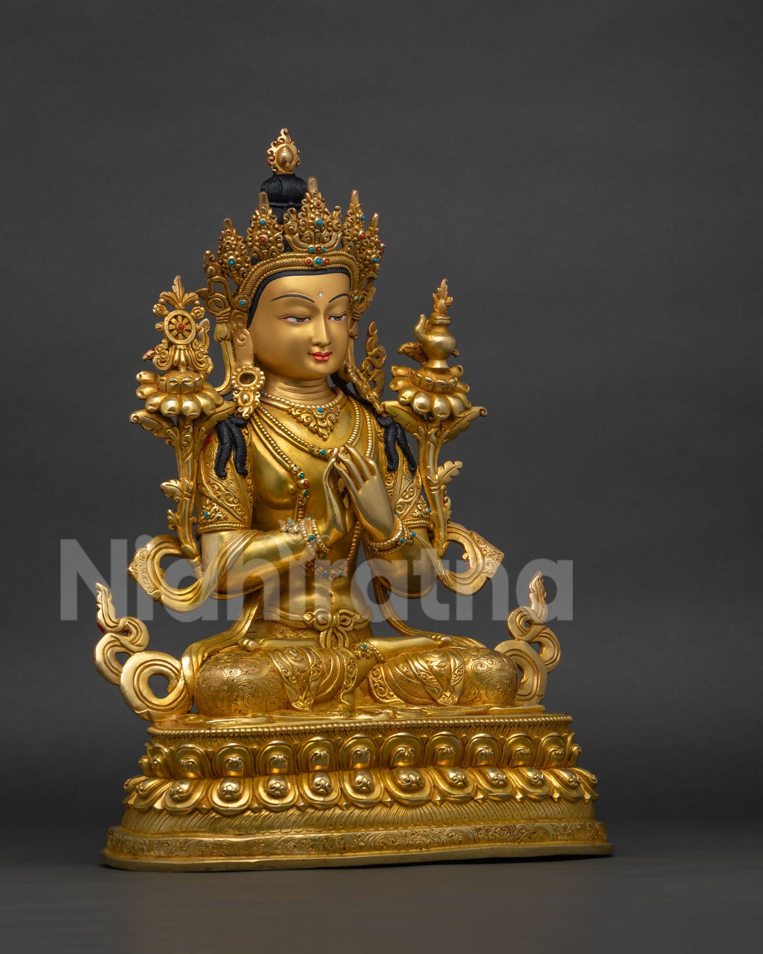 Right side view of Maitreya Buddha Statue, 24K gold fire-gilded copper sculpture