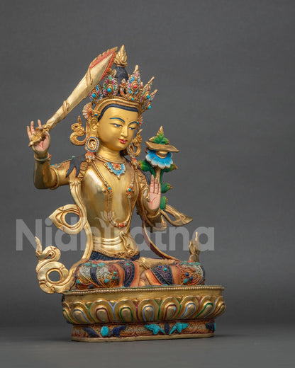 Right Side View of Manjushri Statue from Nepal Holding Wisdom Sword on Lotus Pedestal