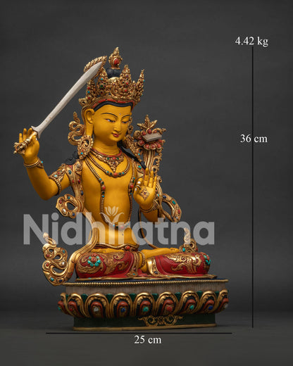 Right side view of Manjushri statue with raised flaming sword Nepal handmade