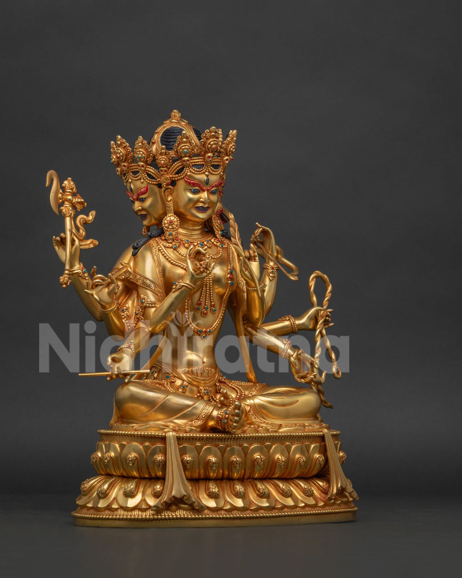 Right side view of Marichi statue Hanoi, eight-armed Goddess of Dawn, gold fire-gilded copper