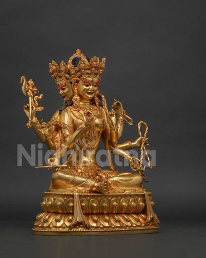 Right side view of Marichi statue Hanoi, eight-armed Goddess of Dawn, gold fire-gilded copper