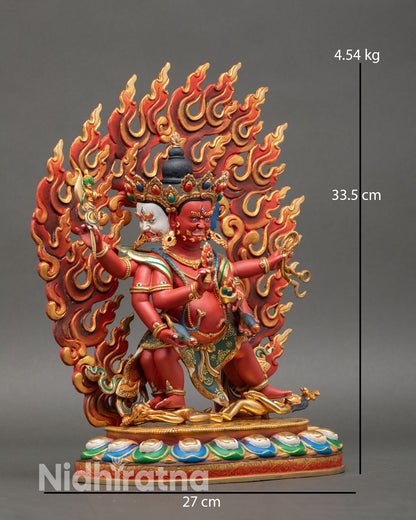 Right side view of Marpo Red Dzambhala statue lotus throne flaming halo protection abundance
