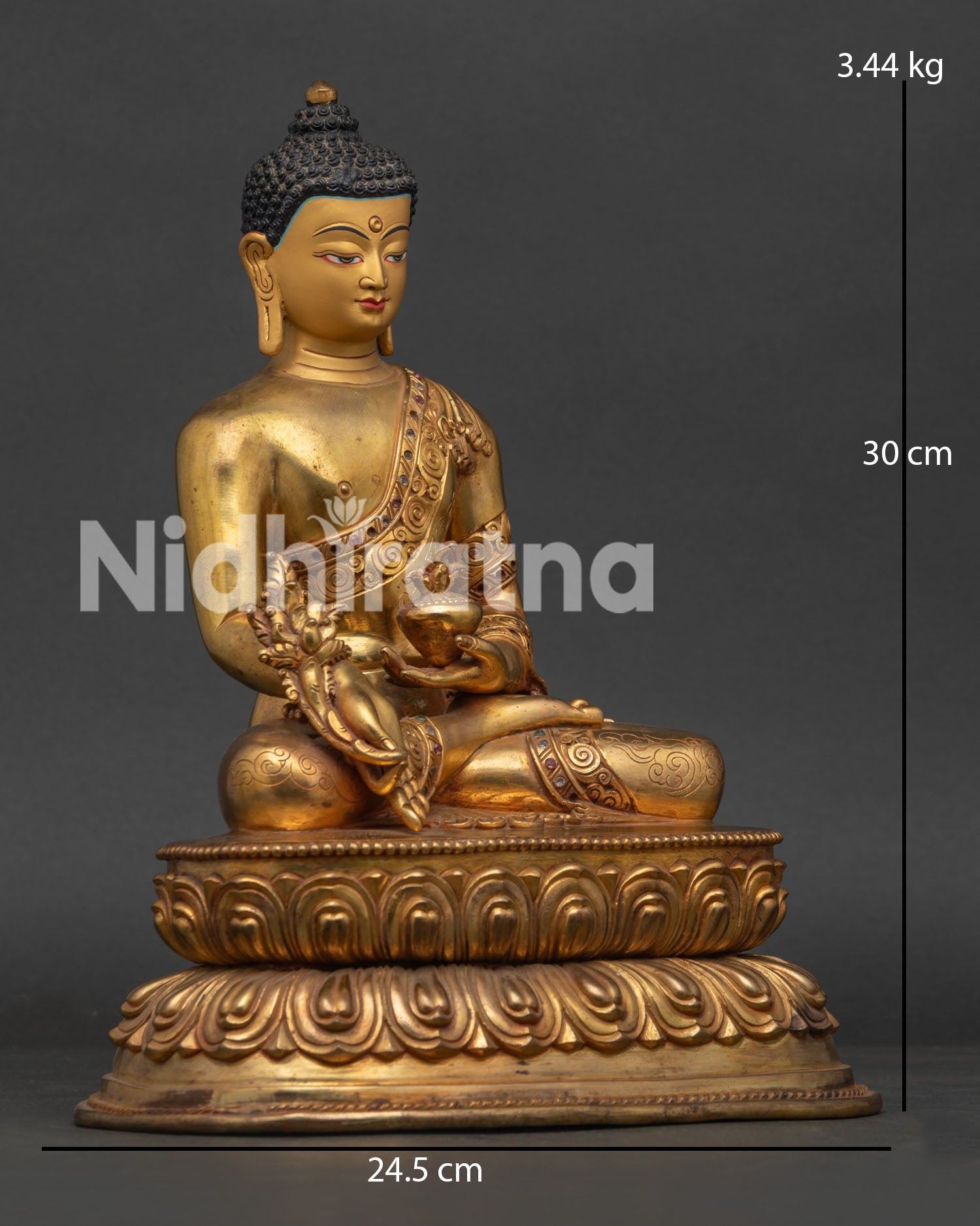 right side view of medicine buddha statue handcrafted copper with 24k gold fire gilding