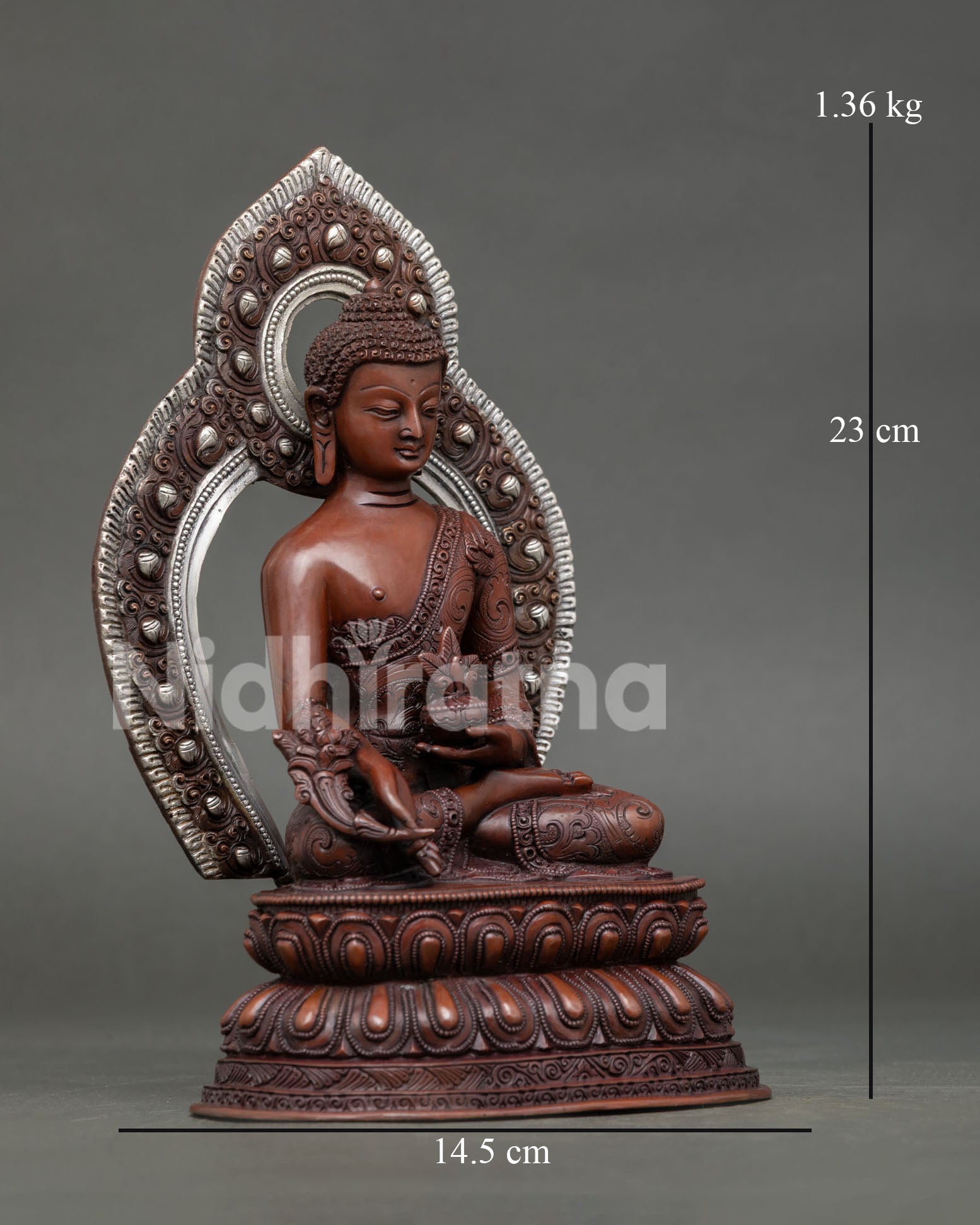 right side view of medicine buddha statue with ornate silver-plated halo