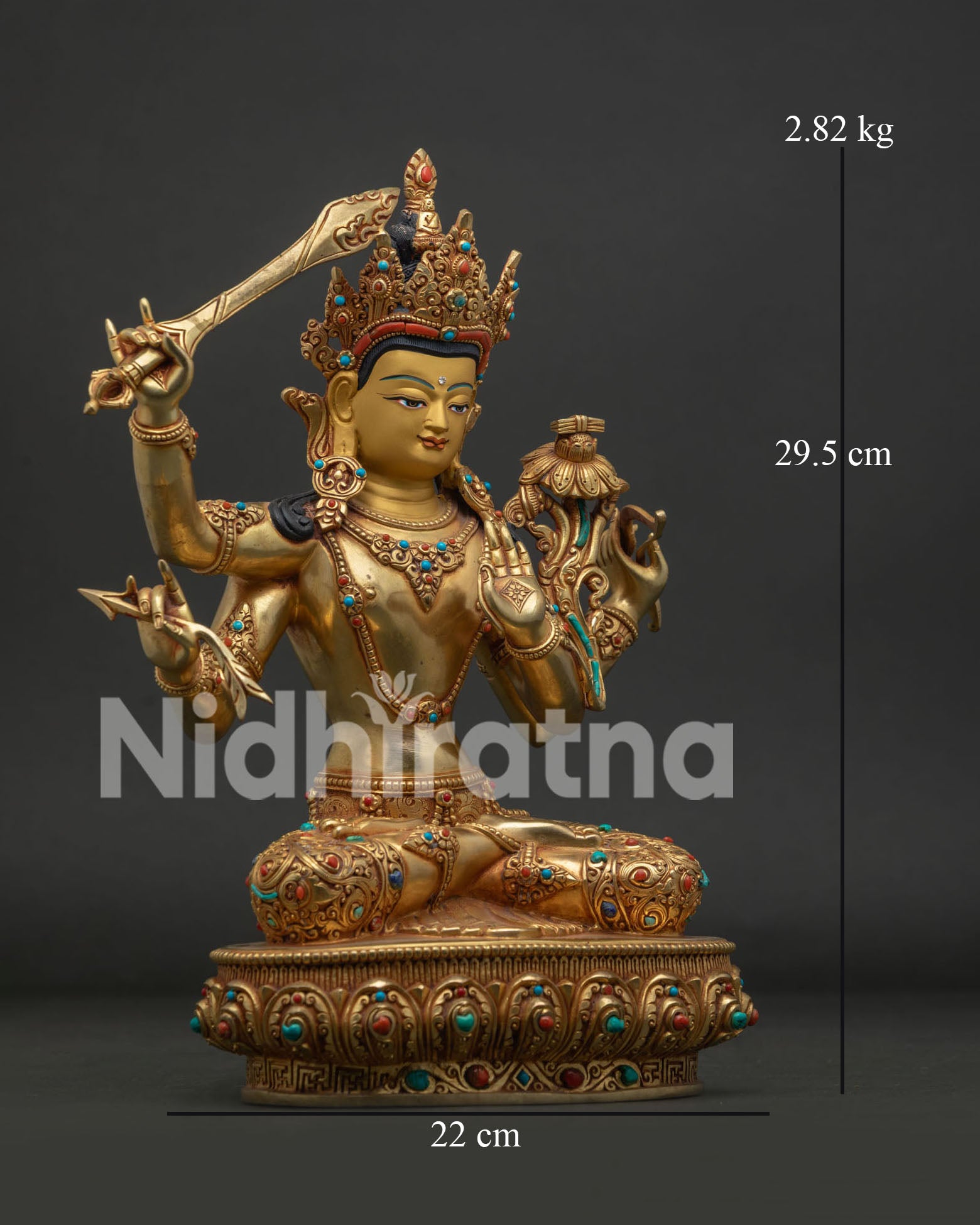 Right side view of Namasangiti Maha Manjushri Statue on carved lotus pedestal