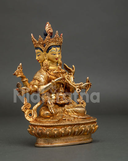 Right side view of Namgyalma Statue with gold gilded finish and sacred attributes