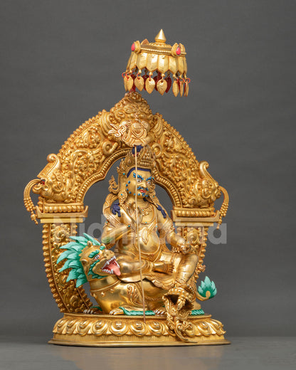 Right side view of Namtoshe statue from Nepal with turquoise snow lion, jeweled parasol and ornate halo