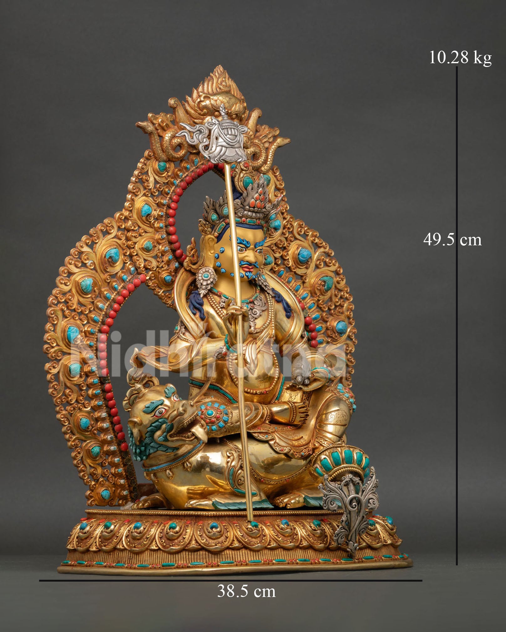 Right side view of Namtoshe Statue riding snow lion with gold gilded details