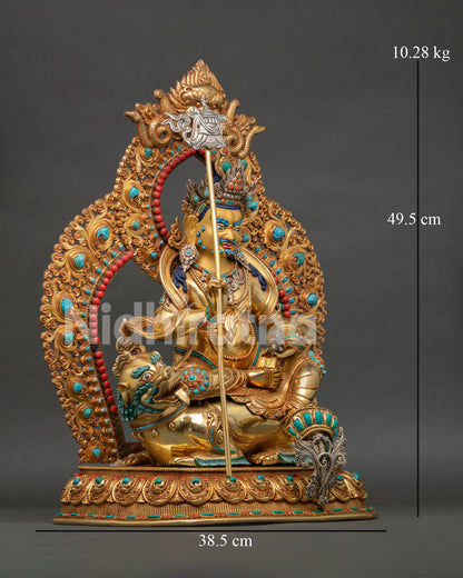 Right side view of Namtoshe Statue riding snow lion with gold gilded details