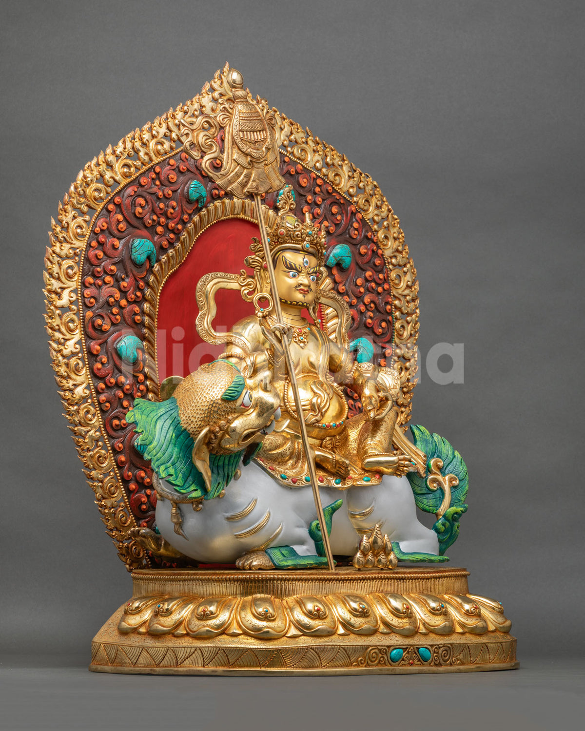 Right Side View of Namtoshe Statue Seated on Acrylic Painted Snow Lion