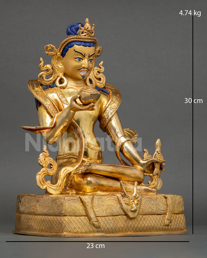right side view of naropa statue holding skull cup and fish with himalayan craftsmanship