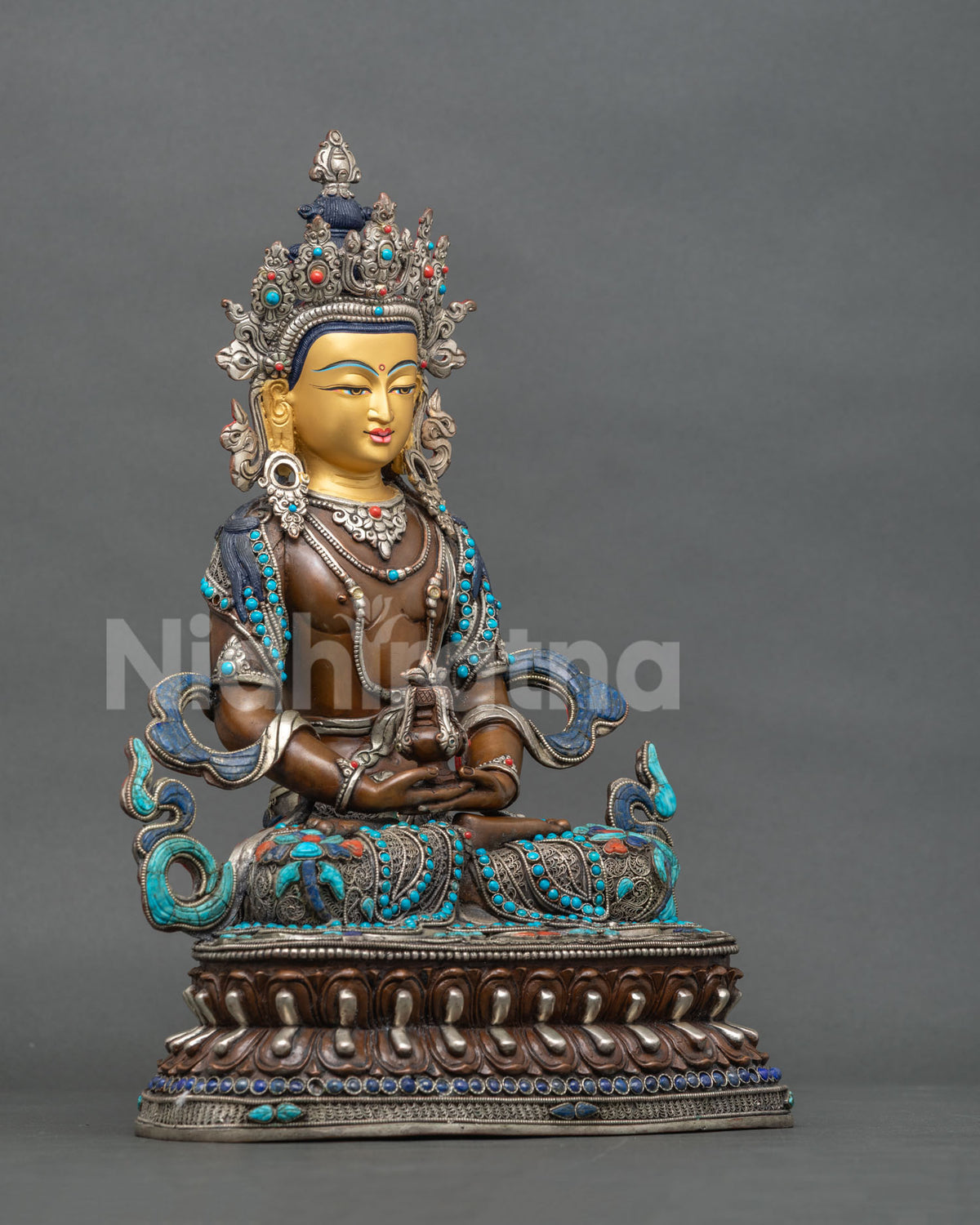 Right Side View of Oxidized Copper Amitayus Statue on Lotus Pedestal
