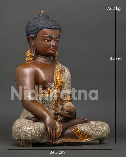 Right Side View of Oxidized Copper Shakyamuni Buddha Statue with Silver and Gold Robe